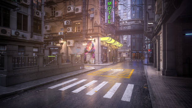 3D rendering of a dark moody street at night in a seedy downtown urban city environment. stock photo