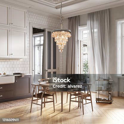 istock 3D rendering of a dining area in modern kitchen 1316509411