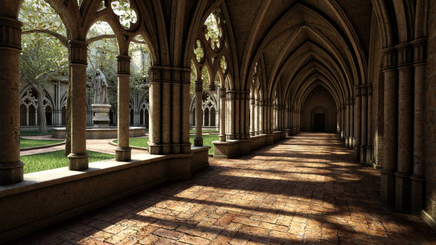3D rendering of a gothic medieval cloisters and courtyard. stock photo