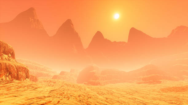 3D rendering of a Mars like desert landscape with a sand storm, mountains and orange sky. stock photo