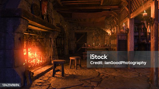 istock 3D rendering of a medieval tavern interior lit by candlelight and burning fire. 1342149694