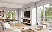 istock 3D rendering of a modern-styled living room with fireplace 1357529194