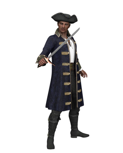 3D rendering of a pirate captain holding a sword isolated on white. stock photo