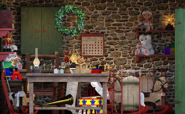 3D rendering of a Santa's Christmas workshop stock photo