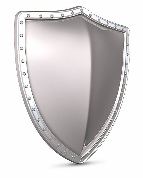 3D rendering of a silver shield on a white background stock photo
