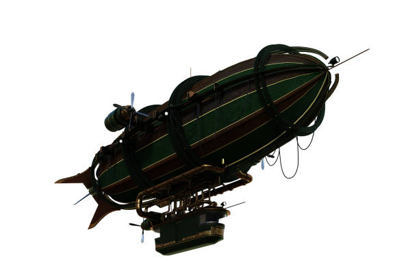 3D rendering of a steampunk styled airship flying above. stock photo