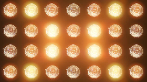 3D rendering of a wall with flashing lights and bright spotlights stock photo
