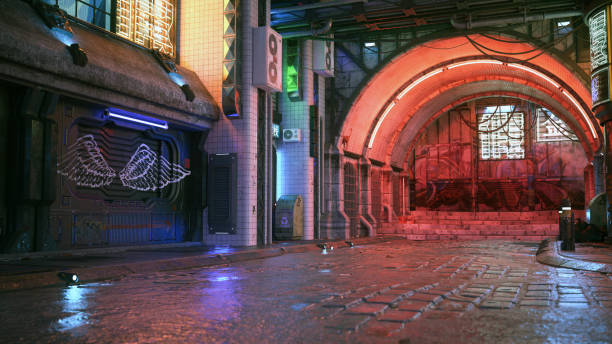 3D rendering of a wet street at night in a futuristic cyberpunk city. stock photo