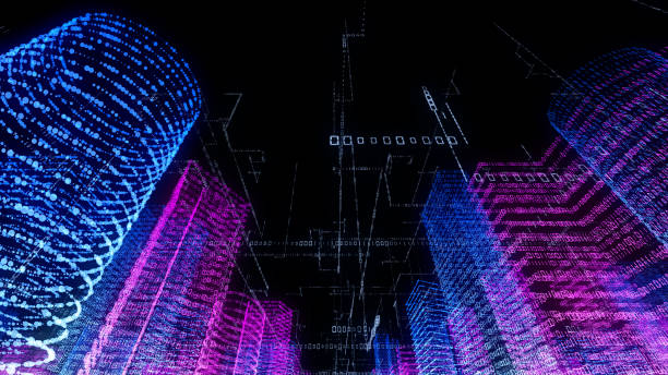 3D rendering of abstract virtual city inside a computer system. Hologram 3D Big Data Digital City stock photo