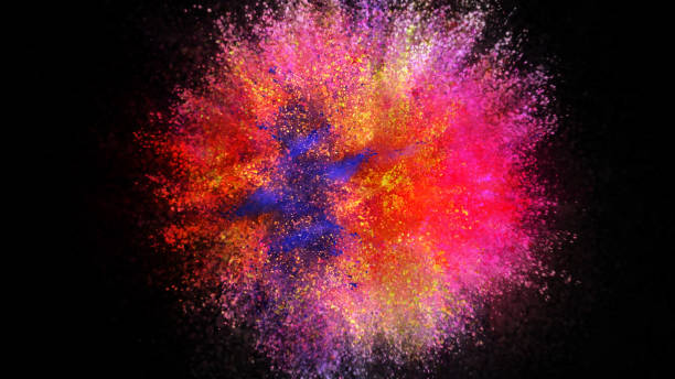 3D rendering of colorful explosion of colored particles on black background stock photo