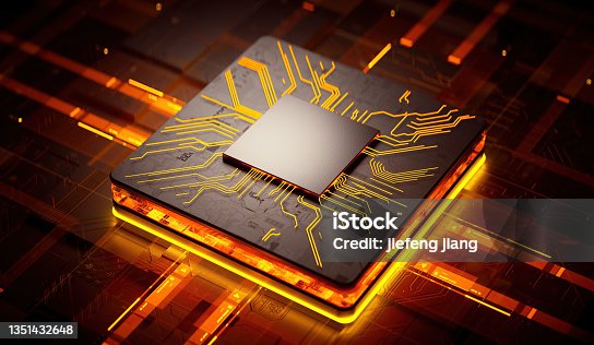 istock 3D rendering of cyberpunk AI. Circuit board. Technology background. Central Computer Processors CPU and GPU concept. Motherboard digital chip. Tech science background. 1351432648
