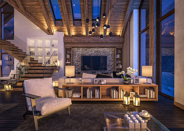 3D rendering of evening living room of chalet stock photo