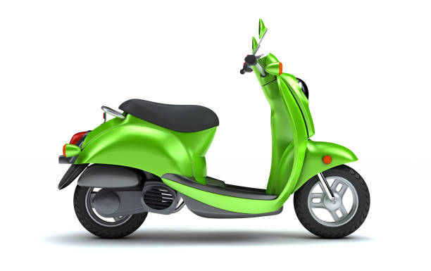 rendering 3d di scooter motore retrò verde isolato su sfondo bianco. vista laterale della colorata moto d'epoca - electric scooter foto e immagini stock