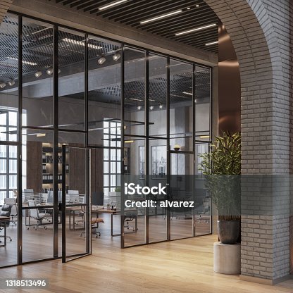 istock 3D rendering of modern office with large glass partitions 1318513496