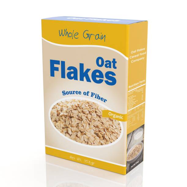 3D rendering of Oat Flakes paper packaging, isolated on white background. 3D rendering of Oat Flakes paper packaging, isolated on white background. breakfast cereal stock pictures, royalty-free photos & images