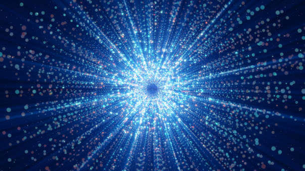 3D rendering of particles gathering in the center of virtual space. A bright explosion of a star made of particles stock photo