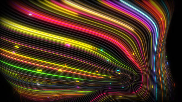 3D rendering of spiral bright vortex streams of light on a surface with lines stock photo