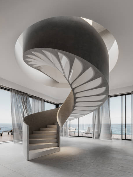 3D rendering of spiral staircase in a modern living room 3D rendering of spiral staircase in a modern living room of a villa. Circular stairway in a house. capital architectural feature stock pictures, royalty-free photos & images