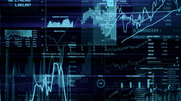 3D rendering of stock indexes in virtual space. Economic growth, recession stock photo