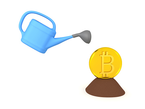 3d Rendering Of Water Sprinkler Above Gold Bitcoin In Soil Stock Photo Download Image Now Istock