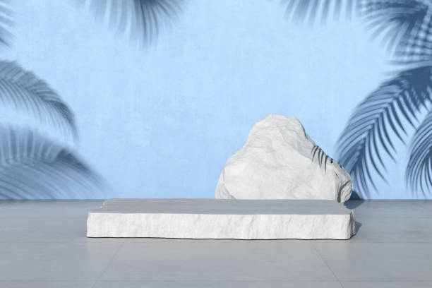 3D rendering of white stone podium for product presentation on blue concrete wall with palm leaf shadow. stock photo