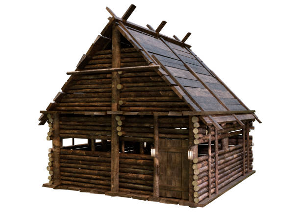3D Rendering Viking Style Wooden Building on White stock photo
