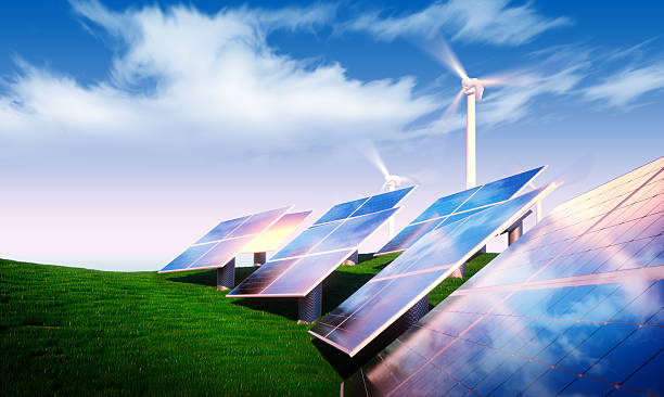 renewable energy concept - wind and solar energy bildbanksfoton och bilder