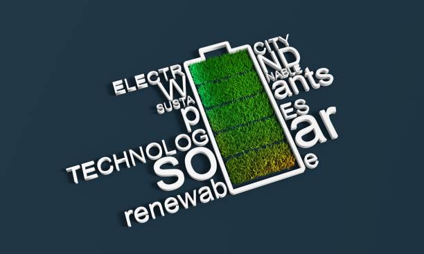 Renewable energy words cloud with battery icon. Green energy development relative theme . Ecology concept. 3D rendering energy storage stock pictures, royalty-free photos & images