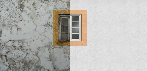 renovation of an old house facade and window conceptual image concerning the renovation of a weathered old house facade and a cracked old window old vs new stock pictures, royalty-free photos & images