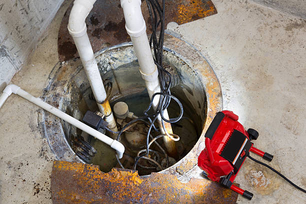Repairing a sump pump in a basement Repairing a sump pump in a basement with a red LED light illuminating the pit and pipe work for draining ground water basement photos stock pictures, royalty-free photos & images