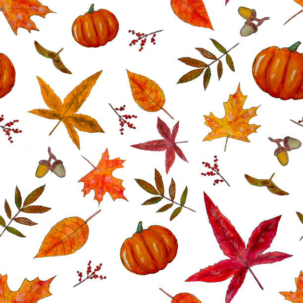 Photo of repeating watercolor pattern of autumn leaves on white background