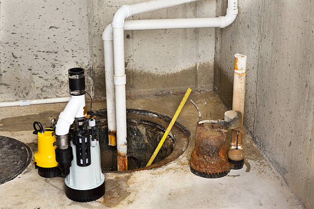 Replacing the old sump pump in a basement stock photo