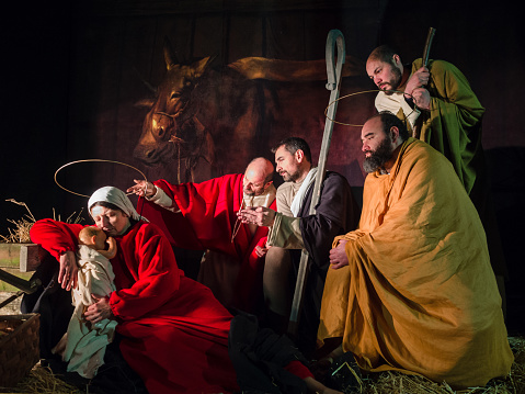 Villaga, Italy - December 30, 2017: Representation of the nativity recreating the famous paintings of Giotto and Caravaggio.
