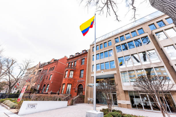 Republic of Colombia embassy, colorful flag by entrance in capital city, nobody, exterior, Congressional Black Caucus Foundation building Washington DC, USA - March 9, 2018: Republic of Colombia embassy, colorful flag by entrance in capital city, nobody, exterior, Congressional Black Caucus Foundation building congressional country club stock pictures, royalty-free photos & images