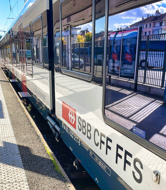 rer train of geneva leman express Annecy, France - October 22 2021 : a modern new swiss RER train linking Geneva with the regional at a station rough endoplasmic reticulum stock pictures, royalty-free photos & images