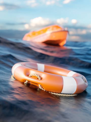 Orange rescue ring and emergency life boat in the ocean waiting for rescue 3d render