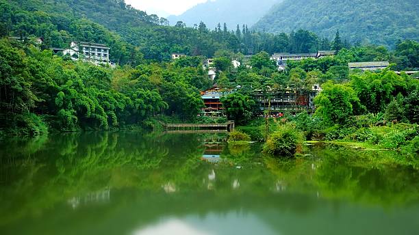 Residential area under the Emei mountain stock photo