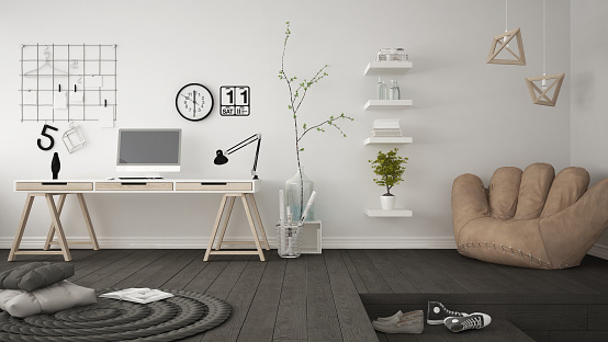 Residential Multifunctional Room With Home Office Workplace Scandinavian Minimalist Interior Design Stockfoto Und Mehr Bilder Von Arbeitszimmer