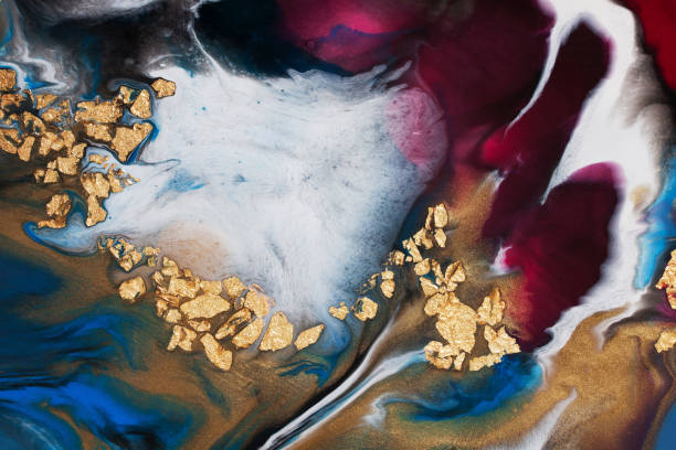 Resin art. Abstract painting. Acrylic pouring with the addition of gold foil. stock photo