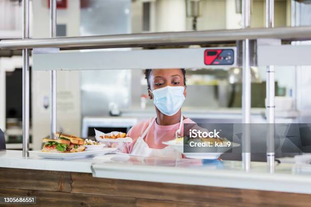 Restaurant cook  with finished order, wearing face mask