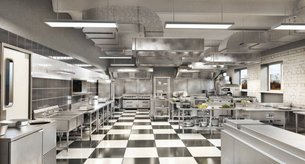 restaurantausstattung. moderne industrieküche. 3d-illustration - küche stock-fotos und bilder