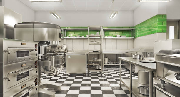 레스토랑 장비. 현대 산업 부엌입니다. 3d 일러스트레이션 - 스테인리스강 일러스트 뉴스 사진 이미지