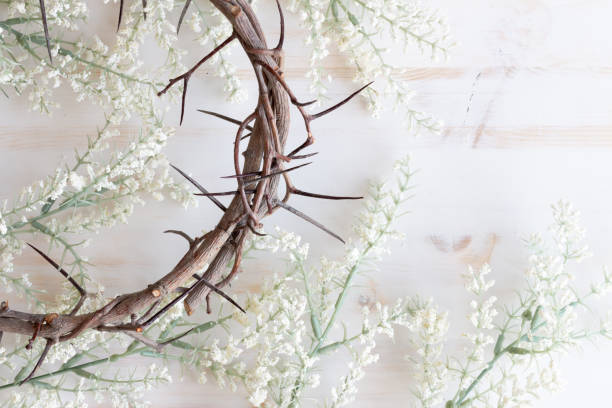 couronne de résurrection des épines avec des fleurs blanches - good friday photos et images de collection