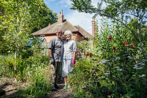 Retired Caucasian couple standing in English back garden Full length portrait of couple in their 60s standing together among flowering plants and trees as they pause from gardening to smile at camera. 60 69 years photos stock pictures, royalty-free photos & images
