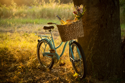 Vintage style bike with a wicker basket containing champagne / white wine, flowers, bread and other goodies for a late afternoon picnic.  Shallow DOF.