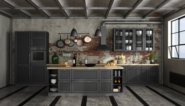 retro zwarte keuken in een oude kamer - kookeiland stockfoto's en -beelden