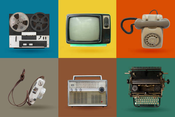 Retro electronics set. Retro electronics set. Nostalgic collectibles from the past 1980s - 1990s. objects isolated on retro color palette with clipping path. 90s television set stock pictures, royalty-free photos & images