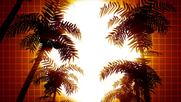 Retro futuristic background with palm trees on a background of the sun. 80s style computer graphics stock photo
