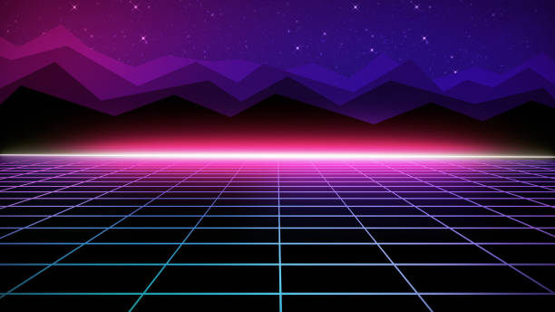 Retro futuristic bright background with a grid. 80s graphic design, retro fantasy stock photo