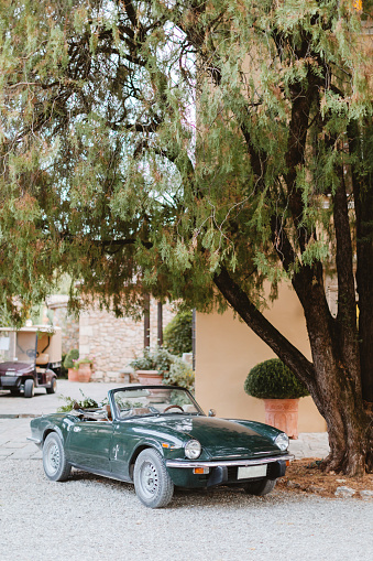 Retro green car stands parked near a building under a tree. Beautiful Italian courtyard